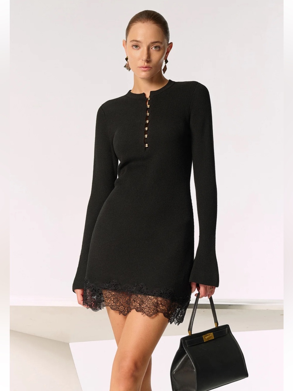 Commense Black Long-Sleeve Lace-Hem Mini Dress Small